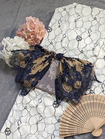 【洋粋youiki】原創和洋風格。帯揚|帯揚げ。咖啡底色/深藍蕾絲