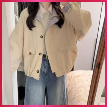 『ATC』初春日系短款夾克上衣女春秋新款復古休閒小個子立領格紋撞色外套