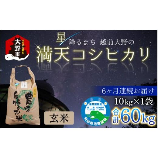 ふるさと納税 福井県 大野市 星降るまち 越前大野の「満天コシヒカリ」玄米 10kg × 6回 計 60kg 農薬・化学肥料50%以上カ…