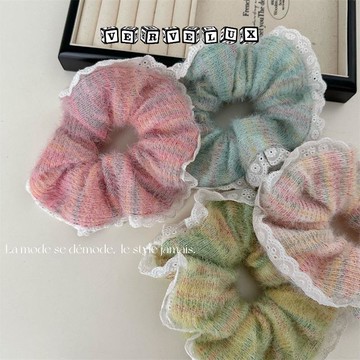 两件9.9折🔥臺灣出貨🔥可開發票✅秋冬甜美毛毛蕾絲邊大腸髮圈女大號高級感發繩甜美丸子頭頭繩皮筋