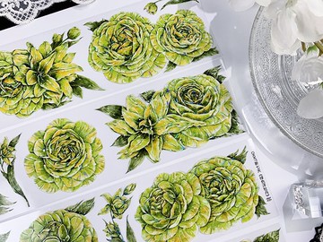 OKMT新七天原創社團咕卡貼紙PET手帳手賬膠帶特殊工藝 綠色洋牡丹