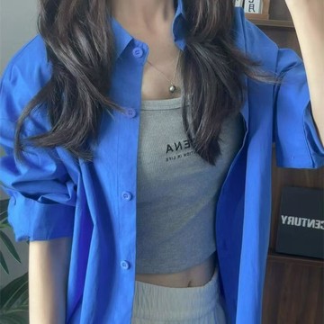【JK極客】🌻有貨🌻 高級感藍色POLO領長袖襯衫外套女寬鬆休閒開衫襯衣中長款上衣 經典襯衫 百搭襯衣 顯瘦襯衫 職