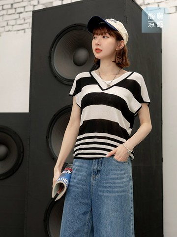 透涼冰爽絲假兩件V領短袖上衣