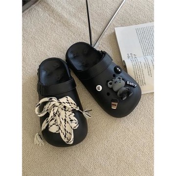 細細條 暗黑系卡通小熊親子洞洞鞋夏季diy系帶外穿包頭涼拖鞋男女