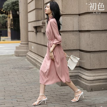 初色 法式簡約純色荷葉邊領長袖寬鬆收腰顯瘦中長裙連衣裙連身洋裝長裙-共2色-10195(M-2XL可選)