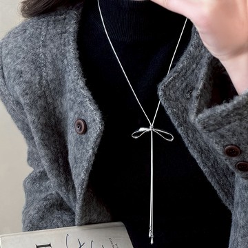 【太妮絲W114】現貨 銀色蝴蝶結抽拉式項鍊 長項鍊 簡約 項鍊 毛衣 項鍊 長款 配件 超好搭配
