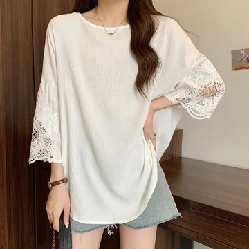 大尺碼上衣女 蕾絲半袖拼接T恤 夏天韓系女裝 寬鬆 遮肉 休閒 顯瘦 150公斤大尺碼女裝