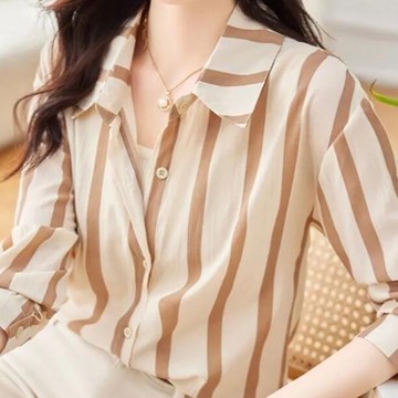 胖胖美依 上衣 長袖襯衣 雪紡衫 中大尺寸 S-3XL 新款條紋雪紡襯衫洋氣上衣時尚小衫長袖襯衣-9198.