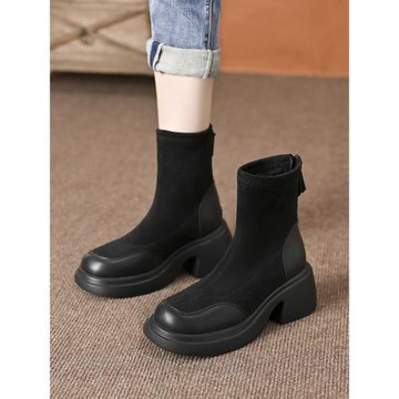 厚底短靴女2025新款秋冬高跟黑色彈力絨面切爾西瘦瘦靴增高小個子