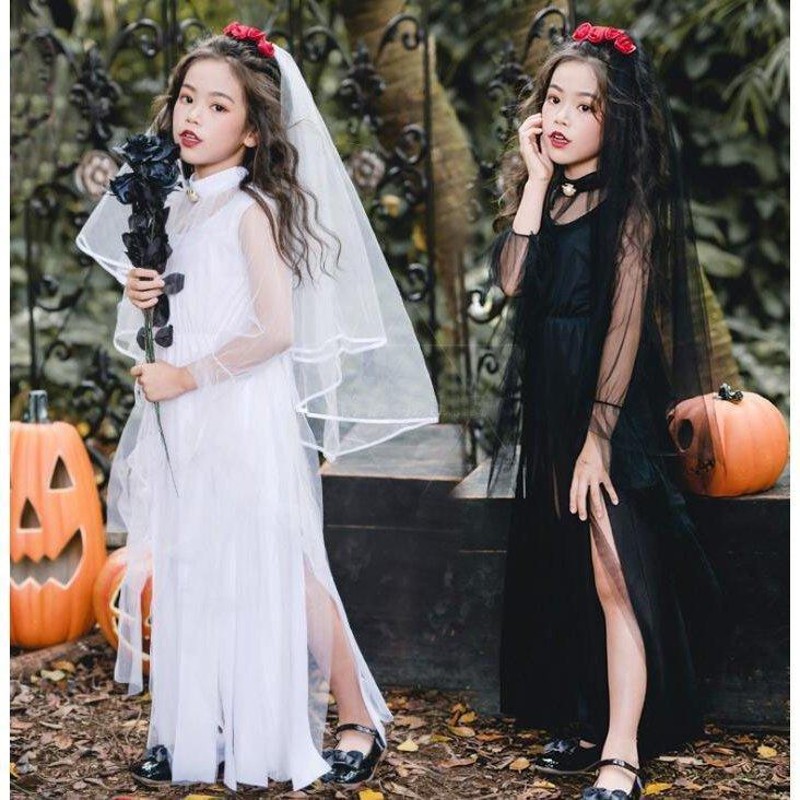 子供ハロウィン衣装 ゴシック ロリータ ワンピース キッズ 女の子 暗黒 鬼花嫁 悪魔 魔女 吸血鬼 コスプレ ロングドレス ベール 首飾付 白 黒  | LINEショッピング