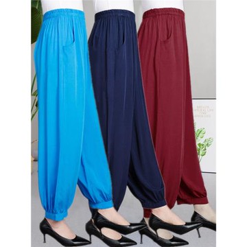 中老年女褲春夏民族風曳步舞寬松棉綢燈籠褲高腰加肥加大純色長褲