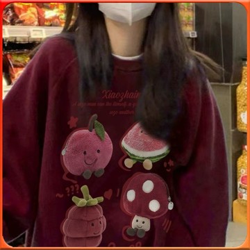 🥇台灣出貨🥇 2-300斤特大碼多巴胺美式酒紅色圓領衛衣女鞦鼕加絨加厚寬鬆上衣 ✨️滿額免運✨️147-12-B