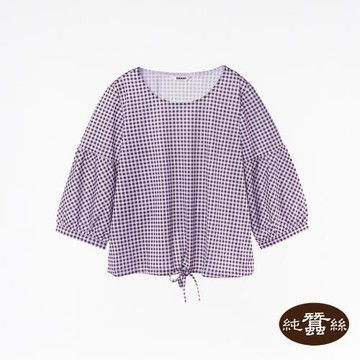 【岱妮蠶絲】舒適蠶絲女下襬綁帶剪接七分燈籠袖格紋上衣-XWL5BT19QK(紫咖方格)