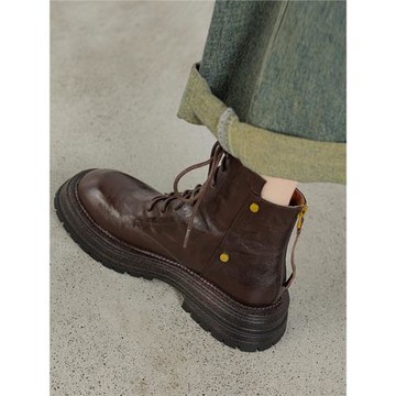 森和匠2025新款小羊皮厚底系帶英倫馬丁靴女秋冬棕色圓頭短靴靴子