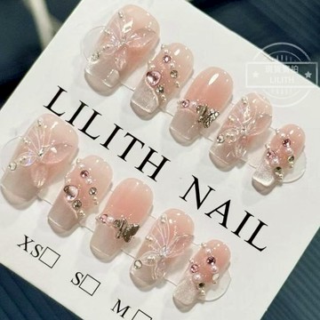 可隔日到貨！鏡月蝶 純手工穿戴甲 貓眼裸色 高級輕奢  蝴蝶美甲 可拆卸手工甲 光療甲片 假指甲 指甲贴 美甲