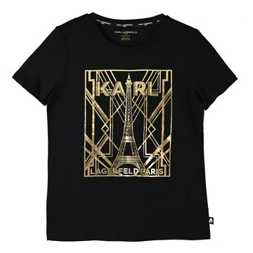 KARL LAGERFELD 卡爾 燙金鐵塔圖案棉質短T恤.黑