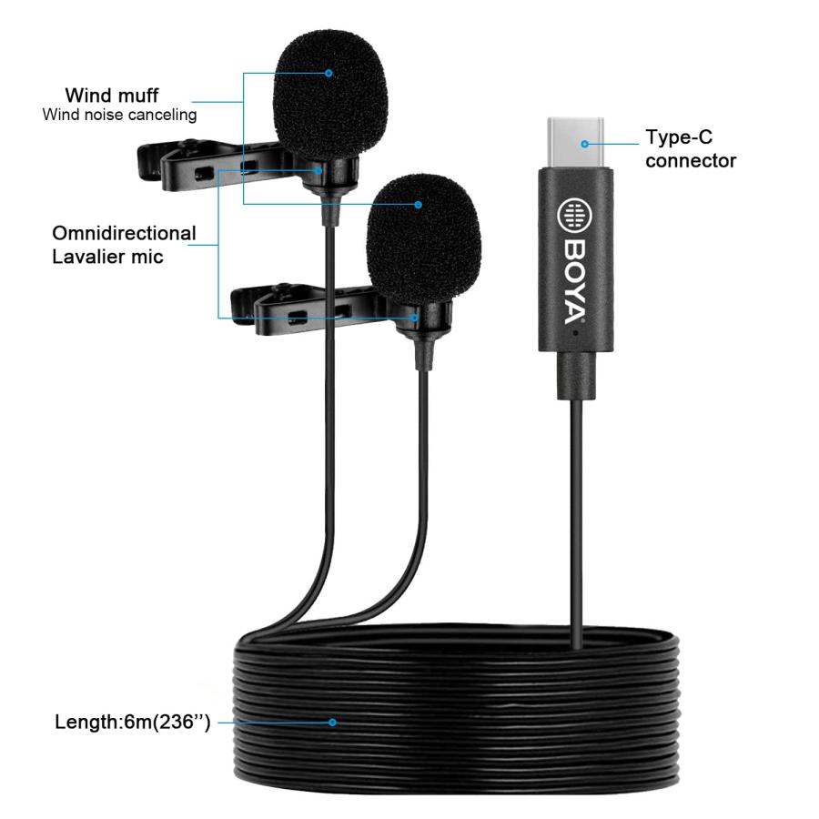 BOYA BY-M3D Digital Dual Lavalier Omnidirectional Clip-on Microphone with USB Type-C Connector Compatible with iPad Pro, Samsung Galaxy, Huawei, Other