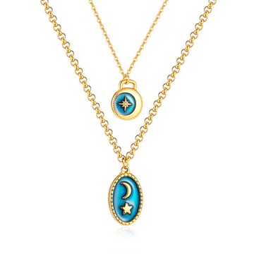 RJ New York 藍夜八芒星月圓牌雙層鈦鋼項鍊(金色)