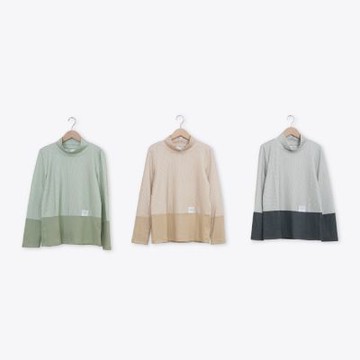 【Dailo】直條撞色水豚君織標微高領上衣 綠 杏 灰(魅力商品)