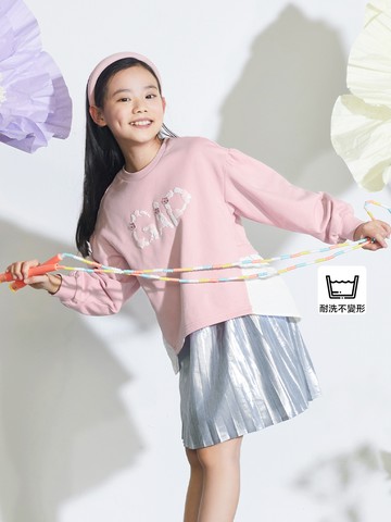 女童裝 Logo印花假兩件圓領長袖上衣-粉色