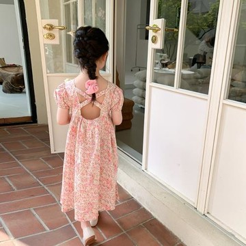 艾摩貝貝女童粉色碎花露背裙子夏新款兒童甜美氣質公主連衣裙