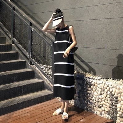 返品送料無料 ノースリーブボーダーワンピース ひざ丈ワンピース