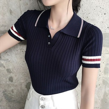 胖胖美依 上衣 T恤 短袖上衣 S-2XL夏季洋氣短袖t恤內搭學生翻領復古打底冰絲針織polo衫港風T-5132.