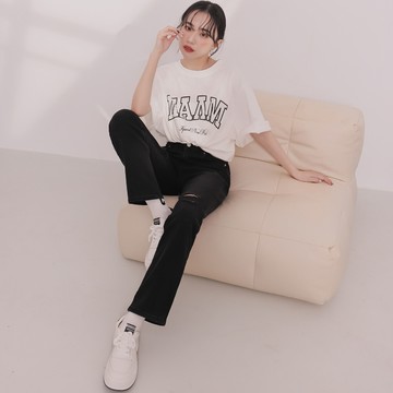 牛仔破洞直筒長褲-黑【KT201357】