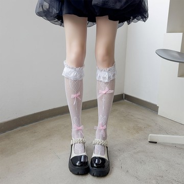 蝴蝶結蕾絲花邊小腿襪女夏季薄款鏤空網眼白色愛心Lolita甜美長襪