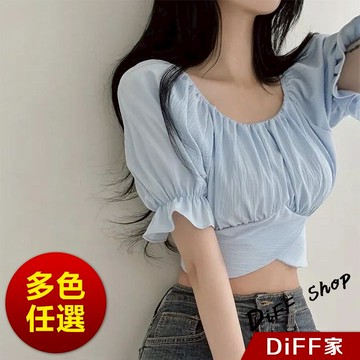 【DIFF】韓版交叉皺褶綁帶短版上衣 短袖上衣 顯瘦上衣 衣服 夏天女裝 短板上衣 短版t恤 女裝【T615】