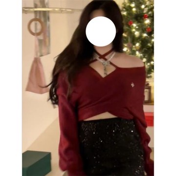 大碼胖妹妹新年紅復古一字肩掛脖針織衫女秋冬交叉設計甜辣妹上衣