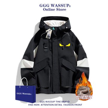 GGG Wassup美式小怪獸惡魔之眼沖鋒衣外套男寬松連帽加絨保暖夾克