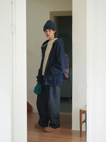 Cotton Polyester Overfit Zip-Up Hoodie [Navy]