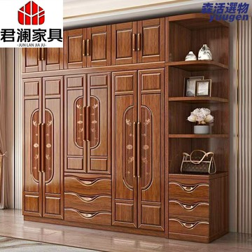 【新中式雕花】實木衣櫃 胡桃木衣櫃 平開門衣櫃 組合衣櫃 主臥大衣櫃 三四五六門可選 環保油漆 大容量儲物 臥室傢俱