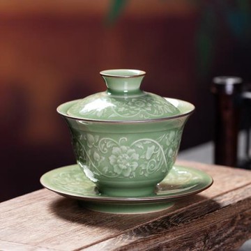 龍泉青瓷純手工三才蓋碗  陶瓷纏枝蓮花中式茶道功夫茶具茶碗茶杯