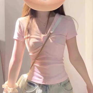 售完無補 先到先得   寬鬆上衣 韓系 韓版上衣 小性感 夏季上衣 短袖 特價純棉法式小衆別緻v領短袖t恤女夏季新款設計