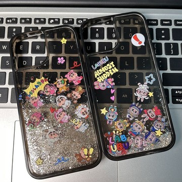卡通蠟筆小新拉布布流沙滑片適用蘋果16promax液體手機殼iPhone15/14/13男女同款12/11