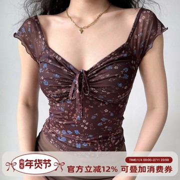 Go Girl Go自制歐美風胸前收褶碎花v領短袖T恤女修身性感短款上衣