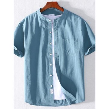 男士立領純棉短袖襯衫夏季薄款休閑寬松上衣男裝簡約襯衣夏天半袖