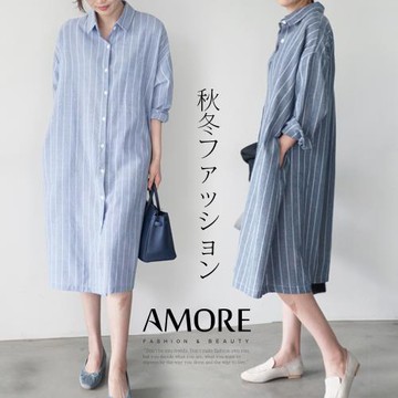 AM艾莫兒 韓系經典條紋棉麻口袋長版襯衫