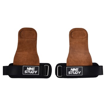 NINE STUDY 頂級皮革防滑重訓拉力帶 助力帶 引體向上輔助帶 護掌 150g  21.5 x 19cm  咖啡色  1雙