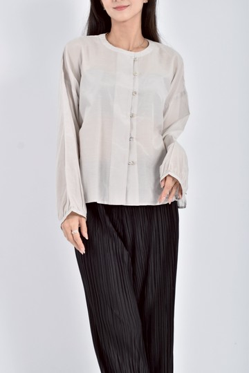 (XL) 大拙質感棉質蠶絲長袖緞面杏色襯衫上衣