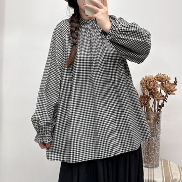 日系復古格紋立領上衣020296