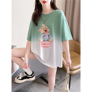 綠色漸變色短袖T恤女設計感小眾卡通印花寬松學院風洋氣兔子上衣