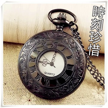 有間小鋪:網紅同款 復古翻蓋不銹鋼懷錶 雙顯大號酷黑項鍊錶 羅馬數字錶 長細鏈錶 男女士學生石英錶 創意禮品 贈錶盒