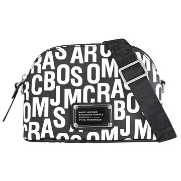 MARC JACOBS 馬克賈伯 金屬LOGO牌印花皮革拉鍊斜背包.黑/白