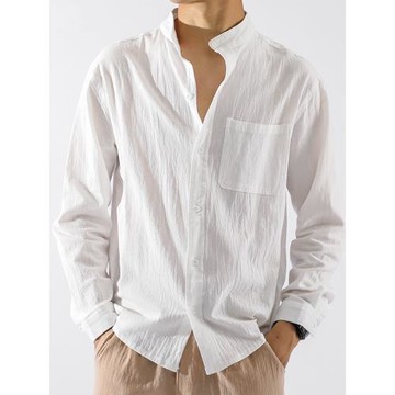 夏季亞麻襯衫男長袖休閑防曬薄款純色日系復古工裝春秋季棉麻襯衣