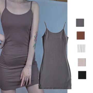 美式小眾基礎款吊帶連衣裙高彈力緊身連衣裙修身露背打底裙蜜桃裙