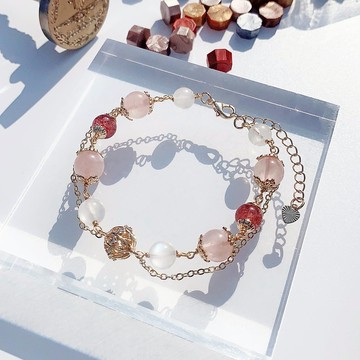 草莓晶 粉晶 月光石 14K包金 手工繞線 天然水晶手鍊