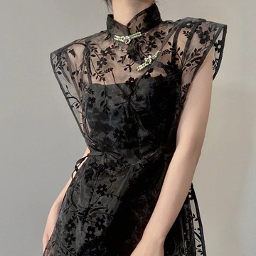 夏2022新款設計感立領盤扣歐根紗植絨提花黑色透氣改良旗袍連衣裙